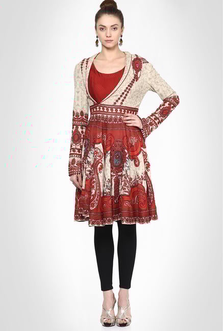 Jj Valaya Designer Wear Red Jewel Printed Flared Kurti Jj Valaya Designer Wear Red Jewel Printed Flared Kurti