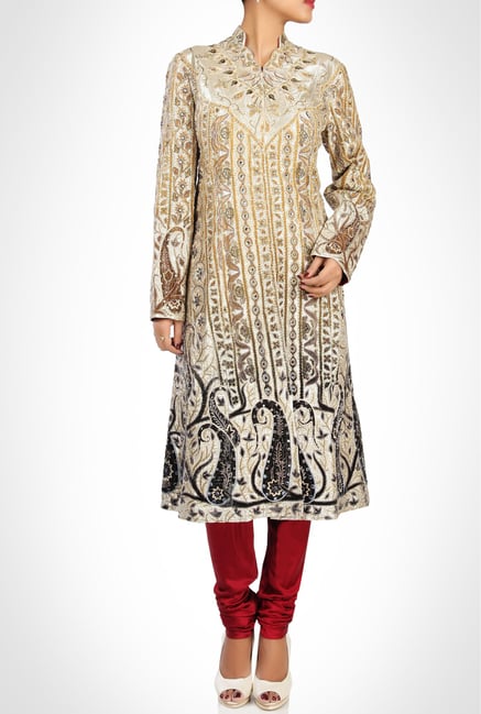 JJ Valaya Designer Wear Beige Applique Kurta By Kimaya JJ Valaya Designer Wear Beige Applique Kurta By Kimaya