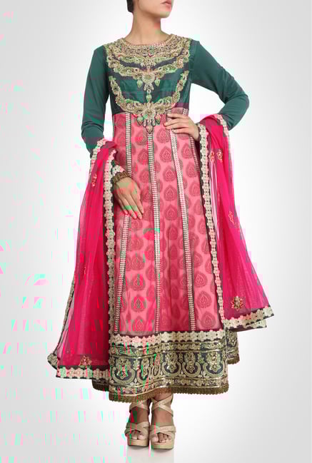 Radhika & Rahul Designer Green & Pink Anarkali By Kimaya Radhika & Rahul Designer Green & Pink Anarkali By Kimaya