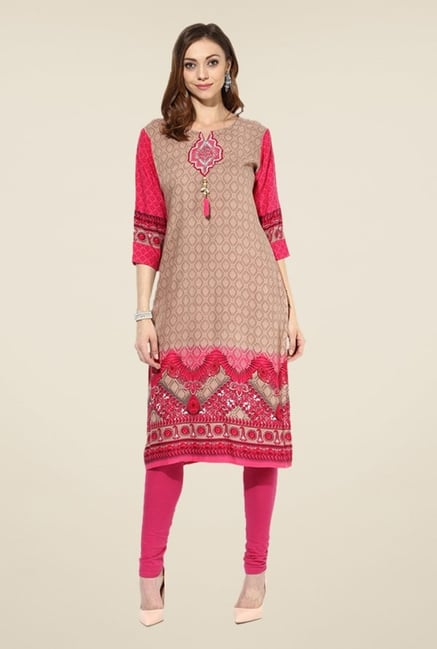 Shree Tan & Pink Rayon Embroidered Kurta Shree Tan & Pink Rayon Embroidered Kurta