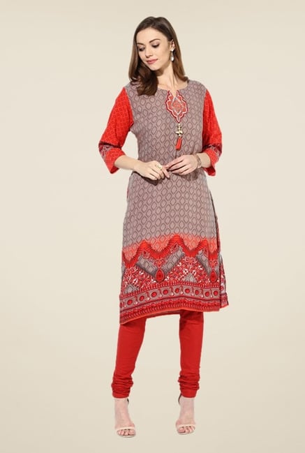 Shree Tan & Red Rayon Embroidered Kurta Shree Tan & Red Rayon Embroidered Kurta
