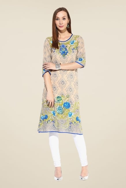 Shree Beige & Blue Rayon Floral Print Kurta Shree Beige & Blue Rayon Floral Print Kurta