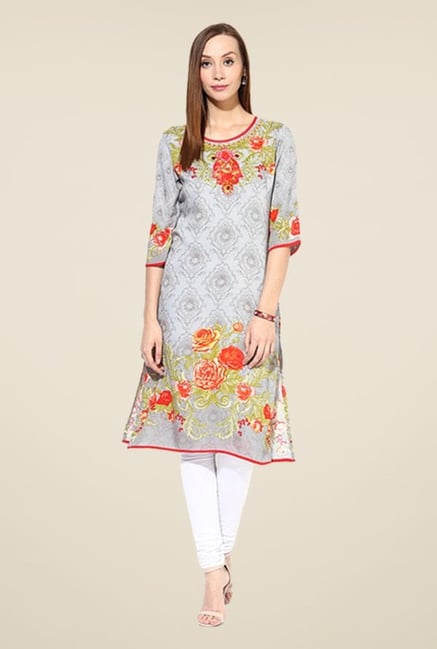 Shree Grey & Orange Rayon Floral Print Kurta Shree Grey & Orange Rayon Floral Print Kurta