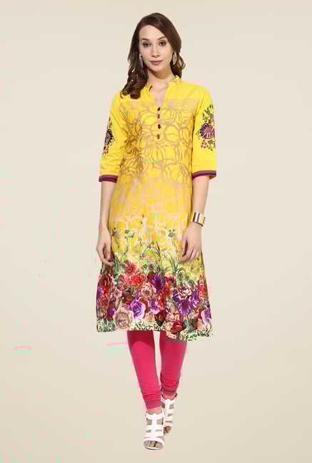 Shree Yellow Cotton Floral Print Kurta Shree Yellow Cotton Floral Print Kurta