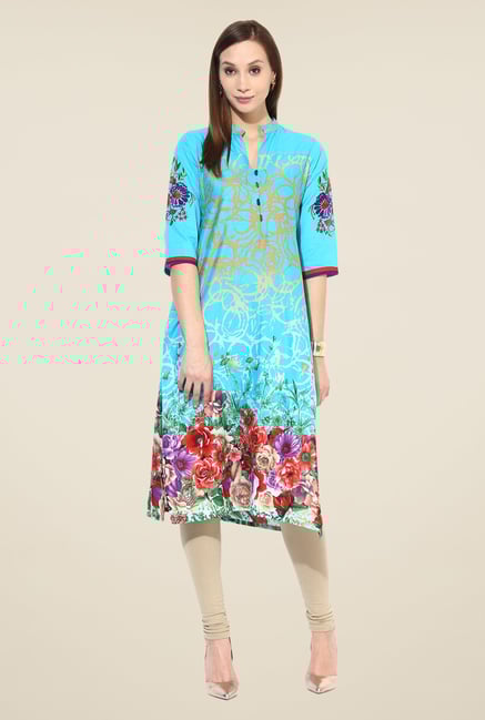 Shree Turquoise Cotton Floral Print Kurta Shree Turquoise Cotton Floral Print Kurta