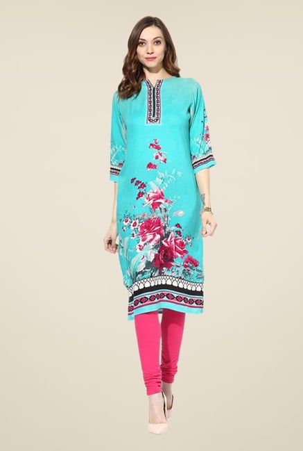 Shree Turquoise Rayon Floral Print Kurta Shree Turquoise Rayon Floral Print Kurta