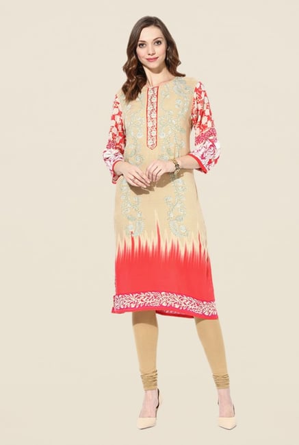 Shree Beige & Coral Rayon Embroidered Kurta Shree Beige & Coral Rayon Embroidered Kurta