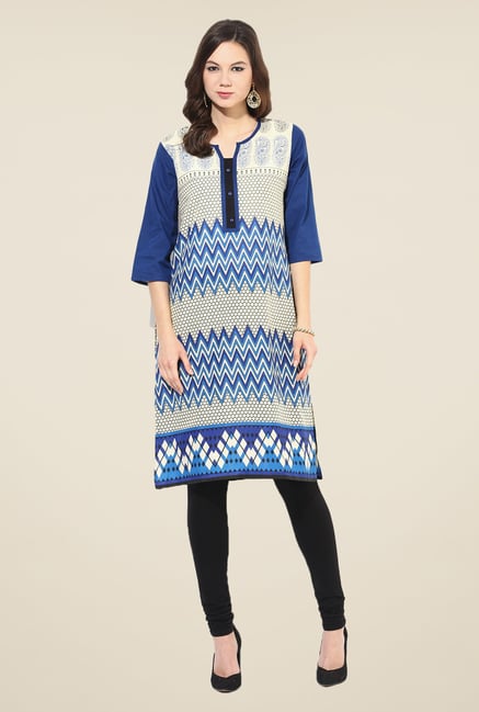 Shree Beige & Blue Cotton Printed Kurta Shree Beige & Blue Cotton Printed Kurta