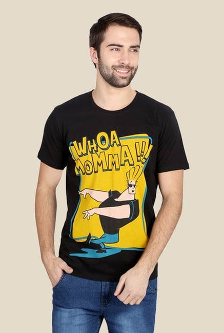 Johnny Bravo Whoa Momma Black & Yellow Graphic T-shirt Johnny Bravo Whoa Momma Black & Yellow Graphic T-shirt