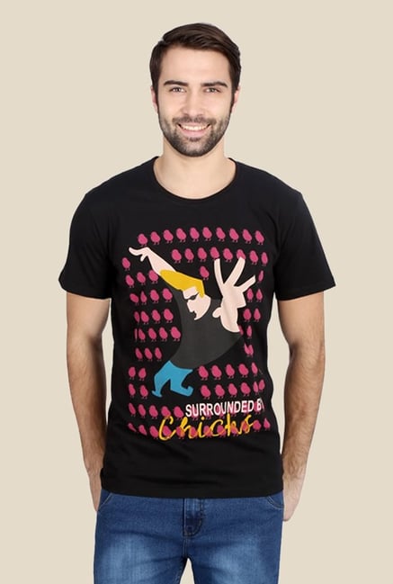 Johnny Bravo Surrounded By Chics Black Graphic T-shirt Johnny Bravo Surrounded By Chics Black Graphic T-shirt