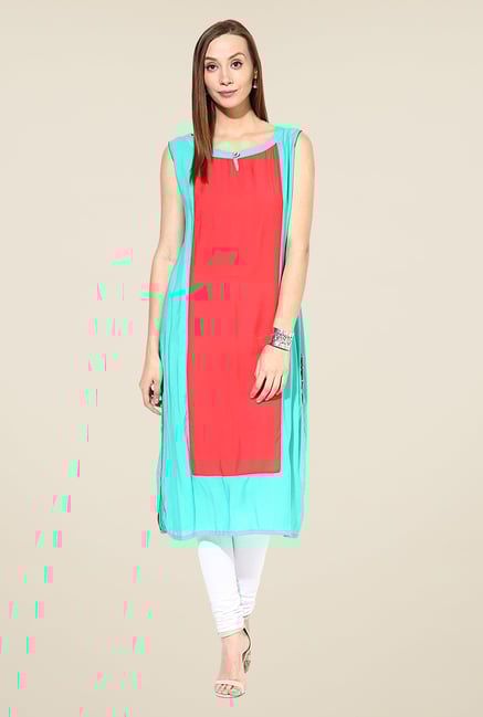 Shree Turquoise & Red Rayon Solid Kurta Shree Turquoise & Red Rayon Solid Kurta