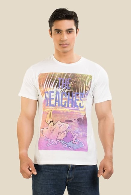 Johnny Bravo At The Beach White Graphic T-shirt Johnny Bravo At The Beach White Graphic T-shirt