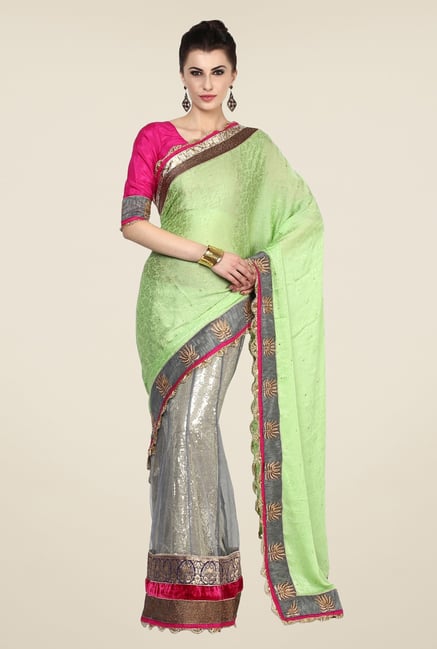 Triveni Grey & Green Floral Print Crape Jacquard Saree Triveni Grey & Green Floral Print Crape Jacquard Saree