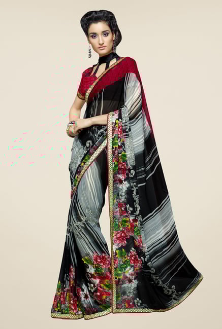 Triveni Black & Grey Floral Print Faux Georgette Saree Triveni Black & Grey Floral Print Faux Georgette Saree