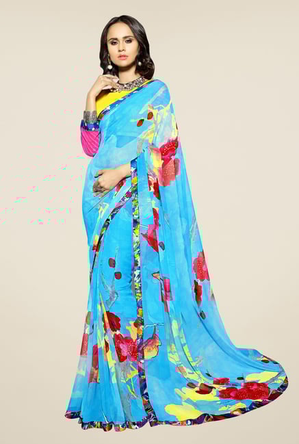 Triveni Sky Blue Floral Print Faux Georgette Saree Triveni Sky Blue Floral Print Faux Georgette Saree