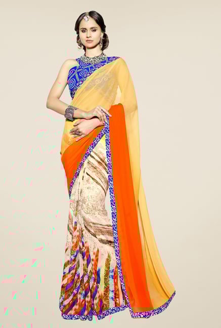 Triveni Beige & Orange Printed Faux Georgette Saree Triveni Beige & Orange Printed Faux Georgette Saree