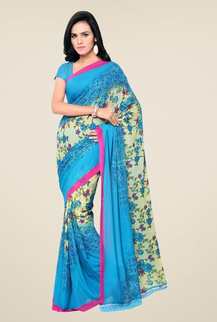 Triveni Blue & Beige Floral Print Faux Georgette Saree Triveni Blue & Beige Floral Print Faux Georgette Saree