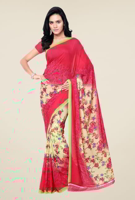 Triveni Pink & Beige Floral Print Faux Georgette Saree Triveni Pink & Beige Floral Print Faux Georgette Saree