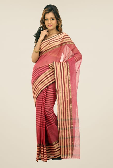 Bengal Handloom Maroon Striped Cotton Saree Bengal Handloom Maroon Striped Cotton Saree