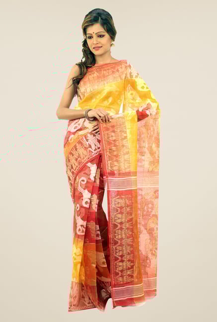 Bengal Handloom Red & Beige Printed Silk Saree Bengal Handloom Red & Beige Printed Silk Saree