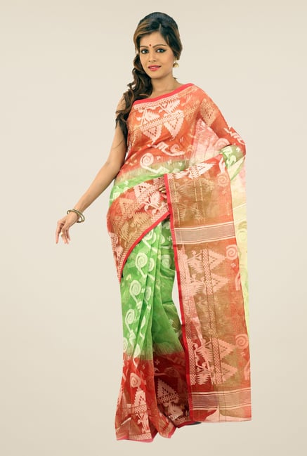 Bengal Handloom Green & Red Printed Silk Saree Bengal Handloom Green & Red Printed Silk Saree