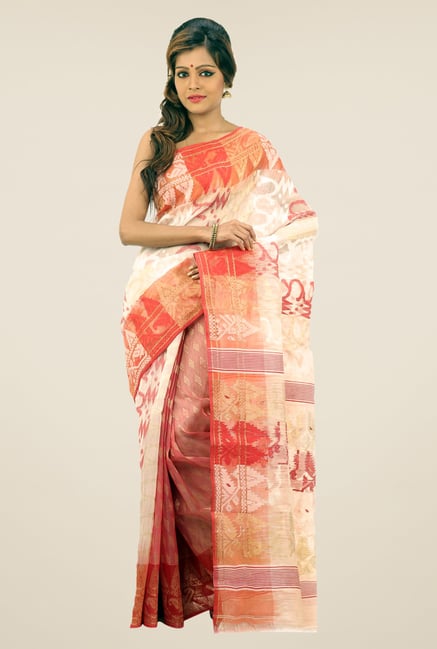 Bengal Handloom Red & Beige Printed Silk Saree Bengal Handloom Red & Beige Printed Silk Saree