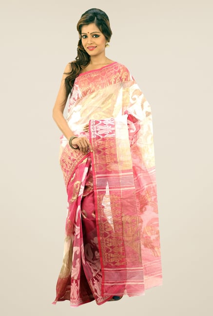 Bengal Handloom Pink & Beige Printed Silk Saree Bengal Handloom Pink & Beige Printed Silk Saree