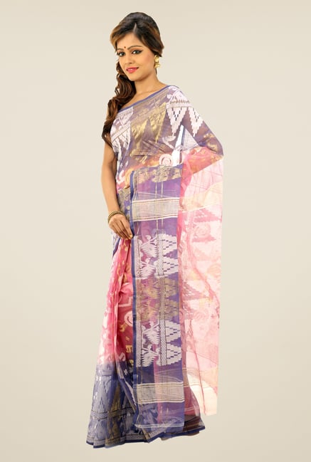 Bengal Handloom Pink & Purple Printed Silk Saree Bengal Handloom Pink & Purple Printed Silk Saree