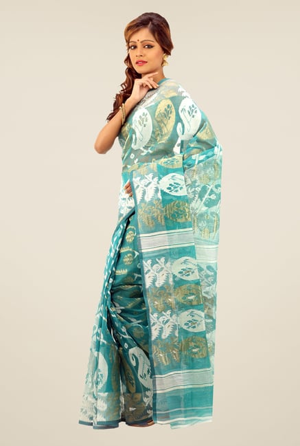 Bengal Handloom Turquoise Printed Silk Saree Bengal Handloom Turquoise Printed Silk Saree