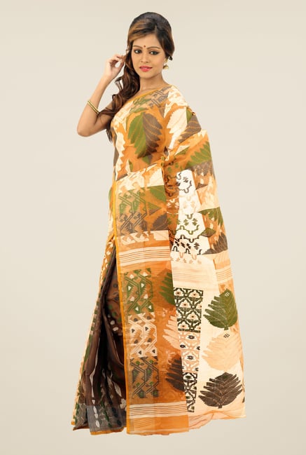 Bengal Handloom Mustard & Green Printed Silk Saree Bengal Handloom Mustard & Green Printed Silk Saree