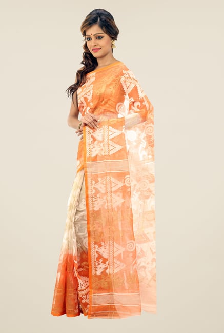 Bengal Handloom Beige & Orange Printed Silk Saree Bengal Handloom Beige & Orange Printed Silk Saree