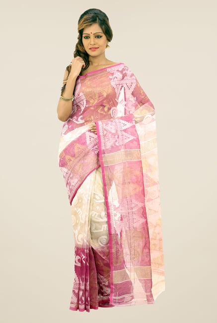 Bengal Handloom Beige & Pink Printed Silk Saree Bengal Handloom Beige & Pink Printed Silk Saree