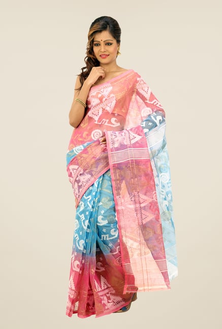 Bengal Handloom Peach & Blue Printed Silk Saree Bengal Handloom Peach & Blue Printed Silk Saree