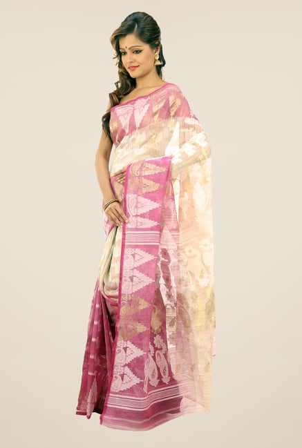 Bengal Handloom Pink & Beige Printed Saree Bengal Handloom Pink & Beige Printed Saree