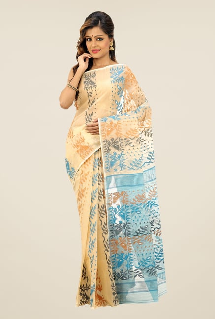 Bengal Handloom Beige & Blue Printed Silk Saree Bengal Handloom Beige & Blue Printed Silk Saree