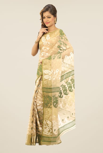 Bengal Handloom Beige & Green Floral Print Silk Saree Bengal Handloom Beige & Green Floral Print Silk Saree