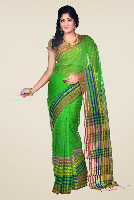 Bengal Handloom Green Cotton Silk Checked Saree Bengal Handloom Green Cotton Silk Checked Saree