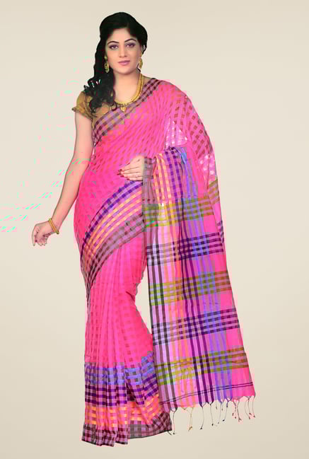 Bengal Handloom Pink Cotton Silk Checked Saree Bengal Handloom Pink Cotton Silk Checked Saree