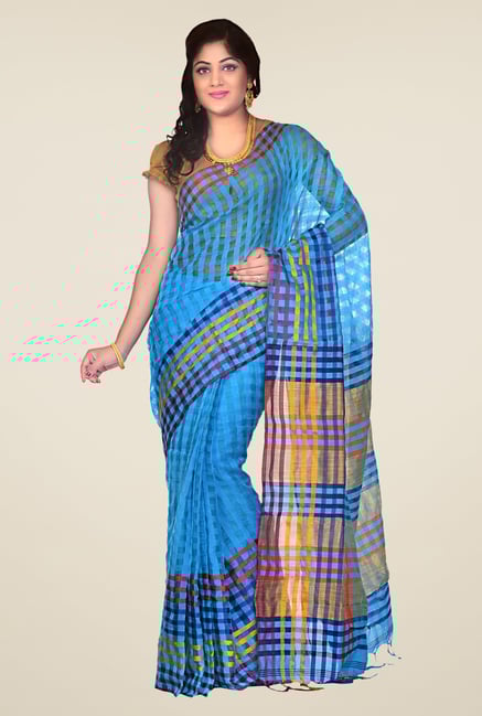 Bengal Handloom Blue Cotton Silk Checked Saree Bengal Handloom Blue Cotton Silk Checked Saree