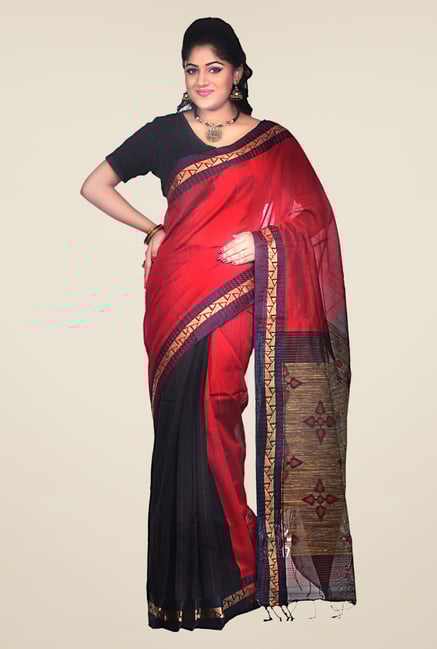 Bengal Handloom Red & Black Cotton Silk Printed Saree Bengal Handloom Red & Black Cotton Silk Printed Saree