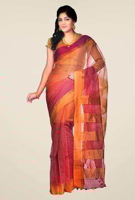 Bengal Handloom Mustard & Maroon Cotton Silk Striped Saree Bengal Handloom Mustard & Maroon Cotton Silk Striped Saree