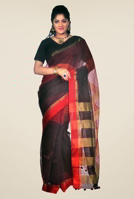 Bengal Handloom Black & Red Cotton Silk Striped Saree Bengal Handloom Black & Red Cotton Silk Striped Saree