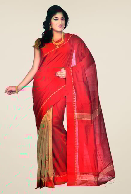 Bengal Handloom Red Cotton Silk Striped Saree Bengal Handloom Red Cotton Silk Striped Saree