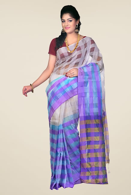 Bengal Handloom Grey & Blue Cotton Silk Checked Saree Bengal Handloom Grey & Blue Cotton Silk Checked Saree