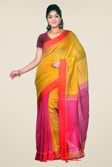 Bengal Handloom Mustard & Pink Cotton Silk Striped Saree Bengal Handloom Mustard & Pink Cotton Silk Striped Saree