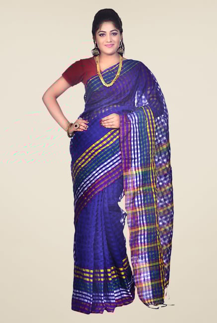 Bengal Handloom Navy Cotton Silk Checked Saree Bengal Handloom Navy Cotton Silk Checked Saree