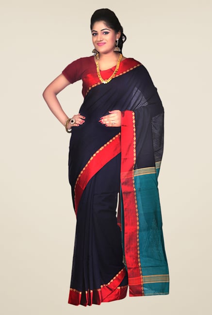 Bengal Handloom Navy & Turquoise Striped Silk Saree Bengal Handloom Navy & Turquoise Striped Silk Saree