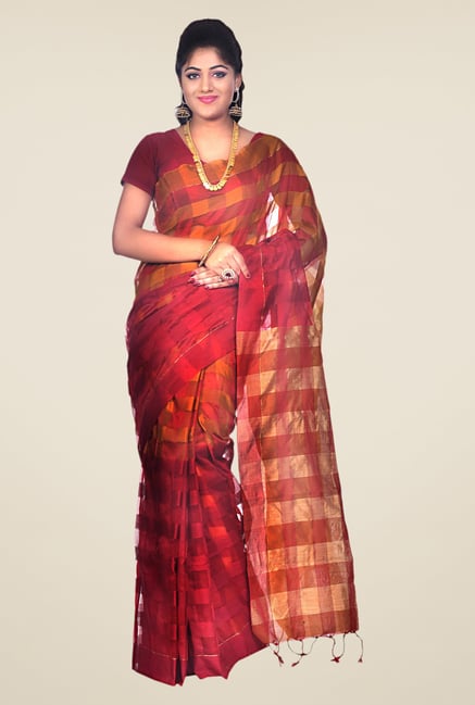 Bengal Handloom Maroon & Mustard Cotton Silk Checked Saree Bengal Handloom Maroon & Mustard Cotton Silk Checked Saree