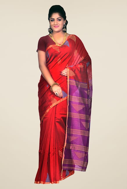 Bengal Handloom Red & Purple Striped Silk Saree Bengal Handloom Red & Purple Striped Silk Saree