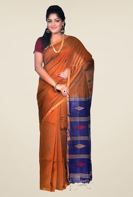 Bengal Handloom Mustard & Blue Striped Silk Saree Bengal Handloom Mustard & Blue Striped Silk Saree